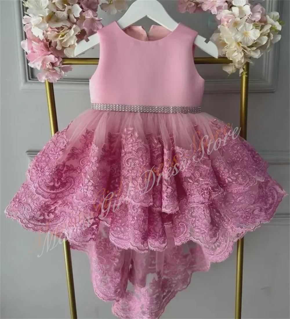 Luxury Children's Party Dress Pink Asymmetrical Length Lace Embroidered Bow Pearl Decoration Cute Girl Birthday Dress