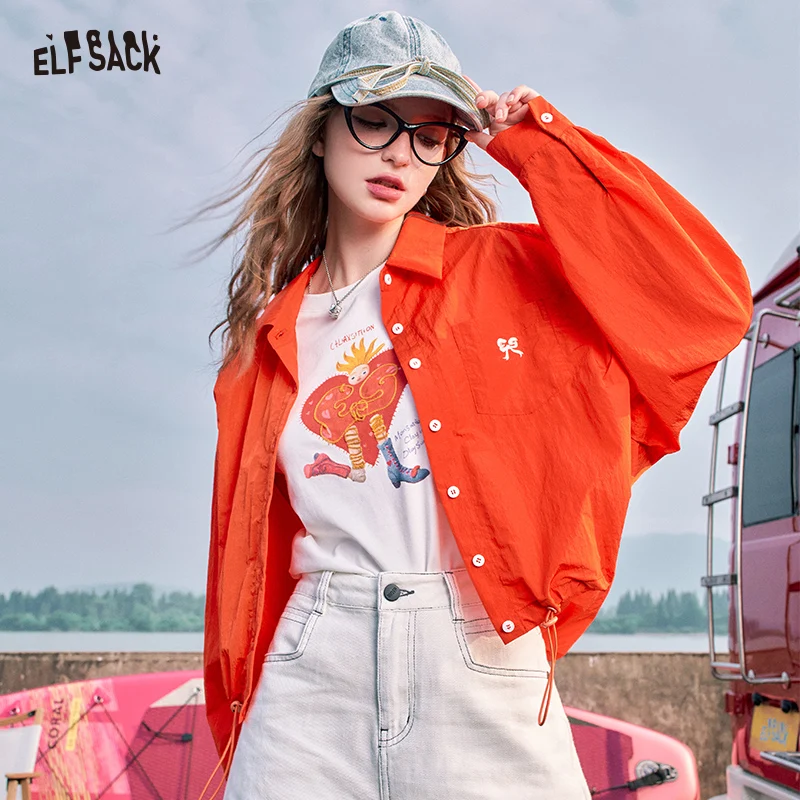 

2024 Summer ELFSACK New Arrivals Red bow embroidery fashion casual petite thin short jacket for women