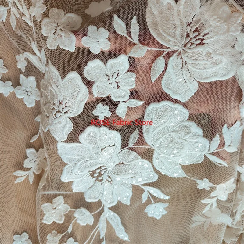 

1 Yard Flower Sequins Embroidery Lace Fabric Ivory Soft Mesh Tulle Lace For Wedding dress, evening gowns, girl dress, DIY sewing