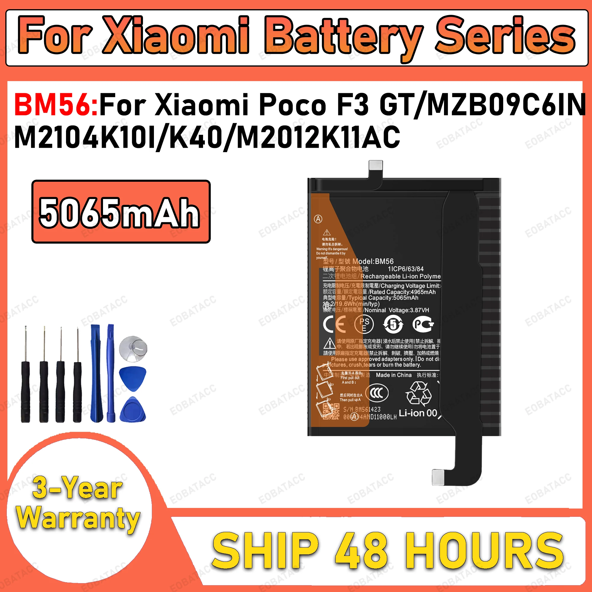 5065mAh 100% New BM56 Battery For Xiaomi Poco F3 GT/MZB09C6IN/K40 Replacement Bateria+Free Tools