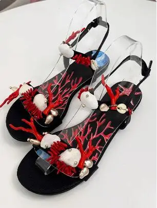 

Ladies Black Red Mixed Color Coral Shell Decor One Line Ankle Buckle Flat Summer Sandals Women Print Modern Beach Sandals Shoes