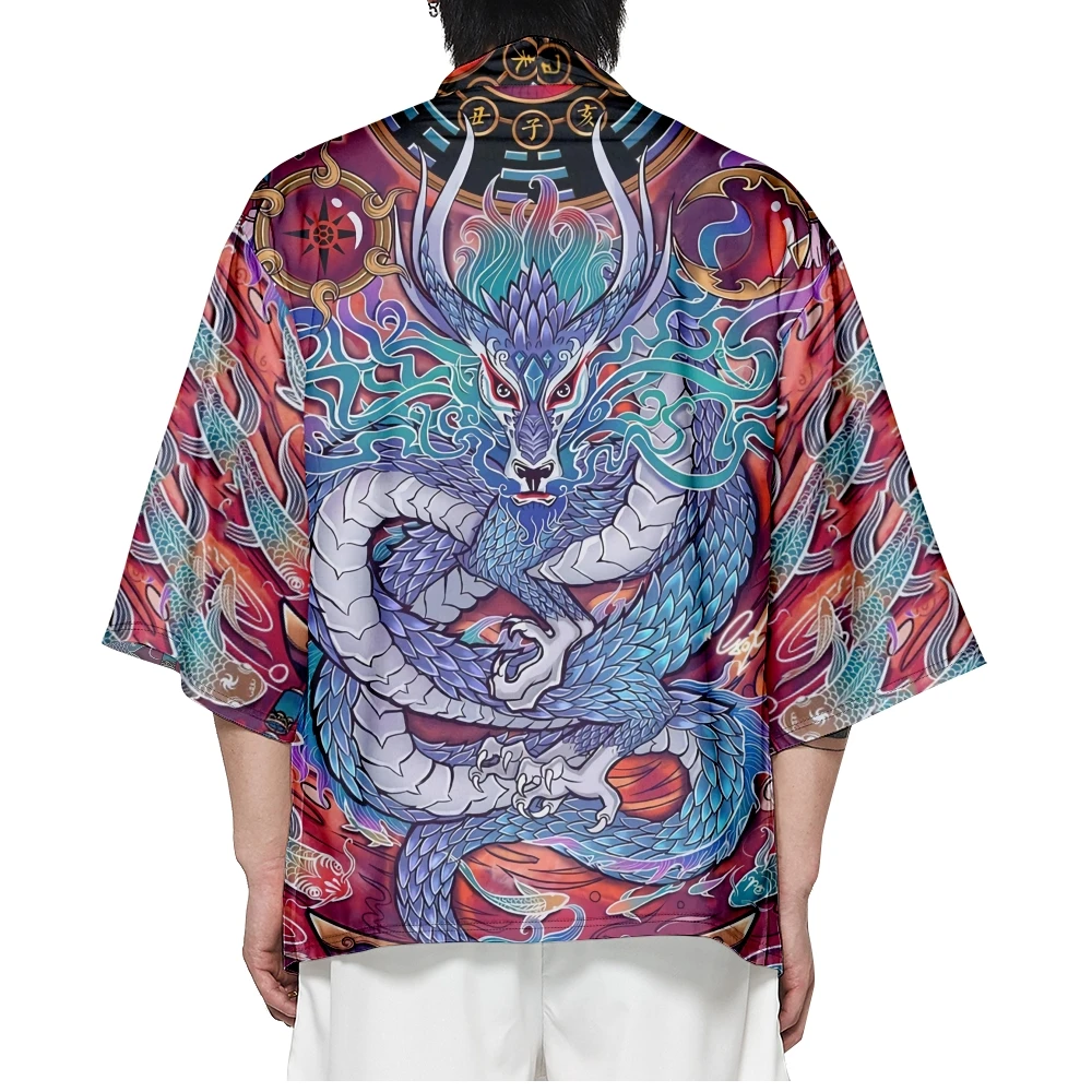 Traditional Men Samurai Dragon Print Kimono Haori Japanese Style Yukata Cardigan Shirts Harajuku Kimono