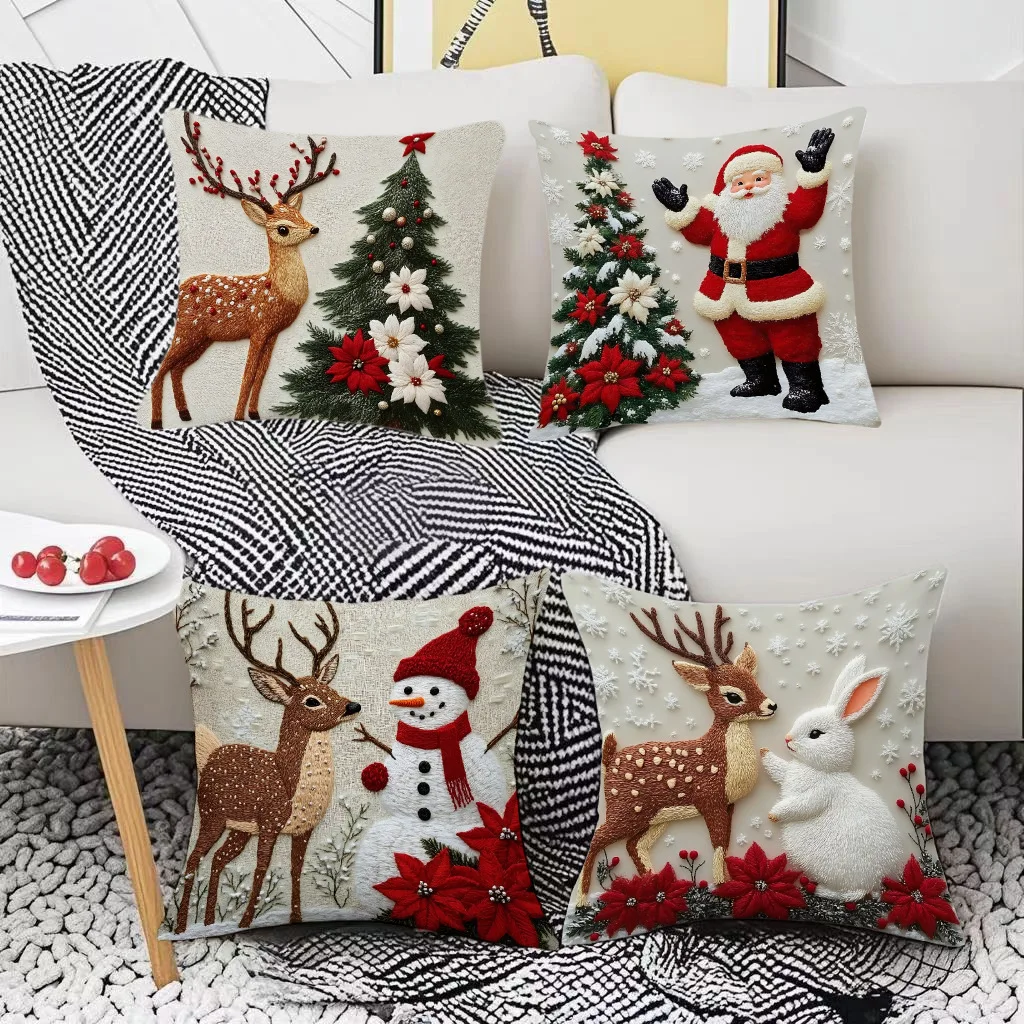 2D Christmas Pillowcase Grey Red Cartoon Santa Snowman Elk Sofa Cushion Cover Home Bed Car New Year Decor Merry Christmas