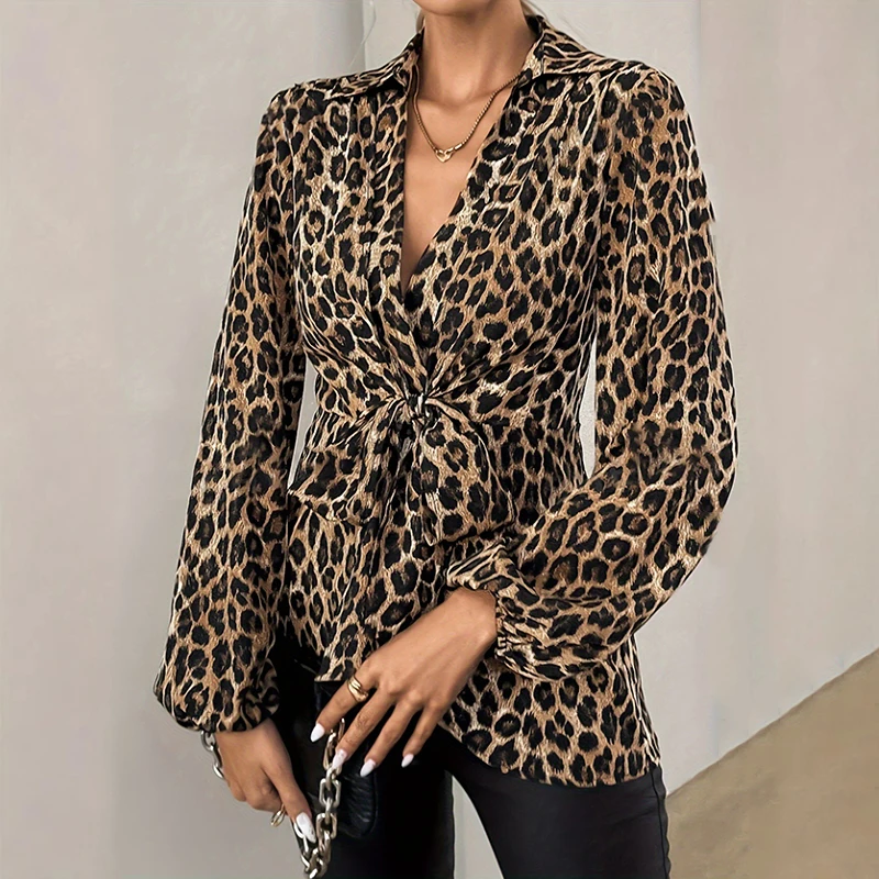 Modna Damska Koszula z Nadrukiem Lamparta, Kołnierzykiem, Sznurowaniem, Wiosenna, Codzienna Bluzka z Dekoltem w Serek, Długi Rękaw, Top Biurowy, na Imprezę