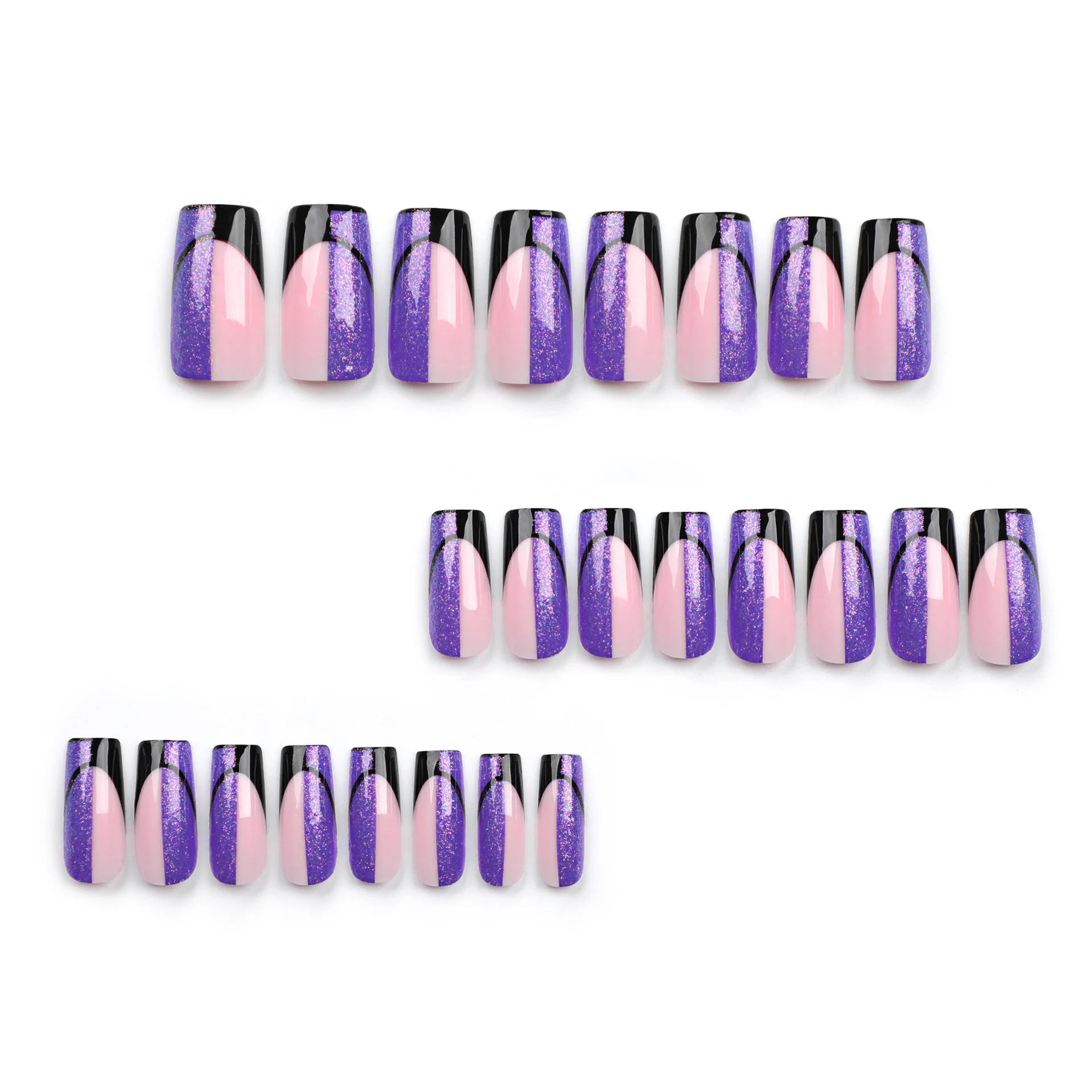 Press on Nails Medium Long Square , Purple Black Fake Nails with Glitter Design Gel Glue on Nails for Women Girls Full Cover Acr