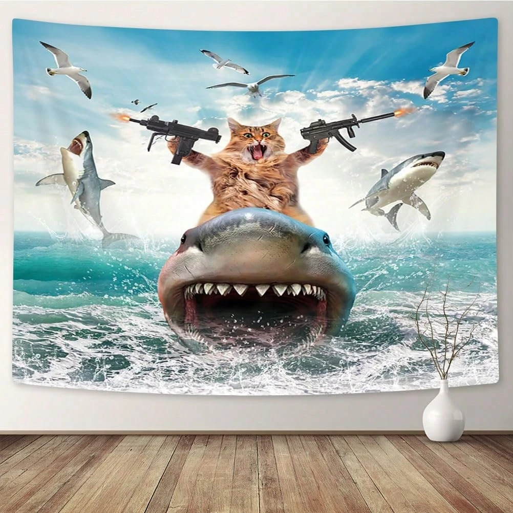 Funny Cat Riding Shark Blue Ocean Theme Wall Tapestry Wall Blanket For Bedroom Living Room Dorm Home Decor