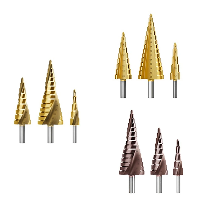 AT02-Step Drill Bit Set, 3Pcs Titanium Step Drill Bits, Metric 4Mm To 32Mm Drill Cone Bits For Metal, Wood, PVC