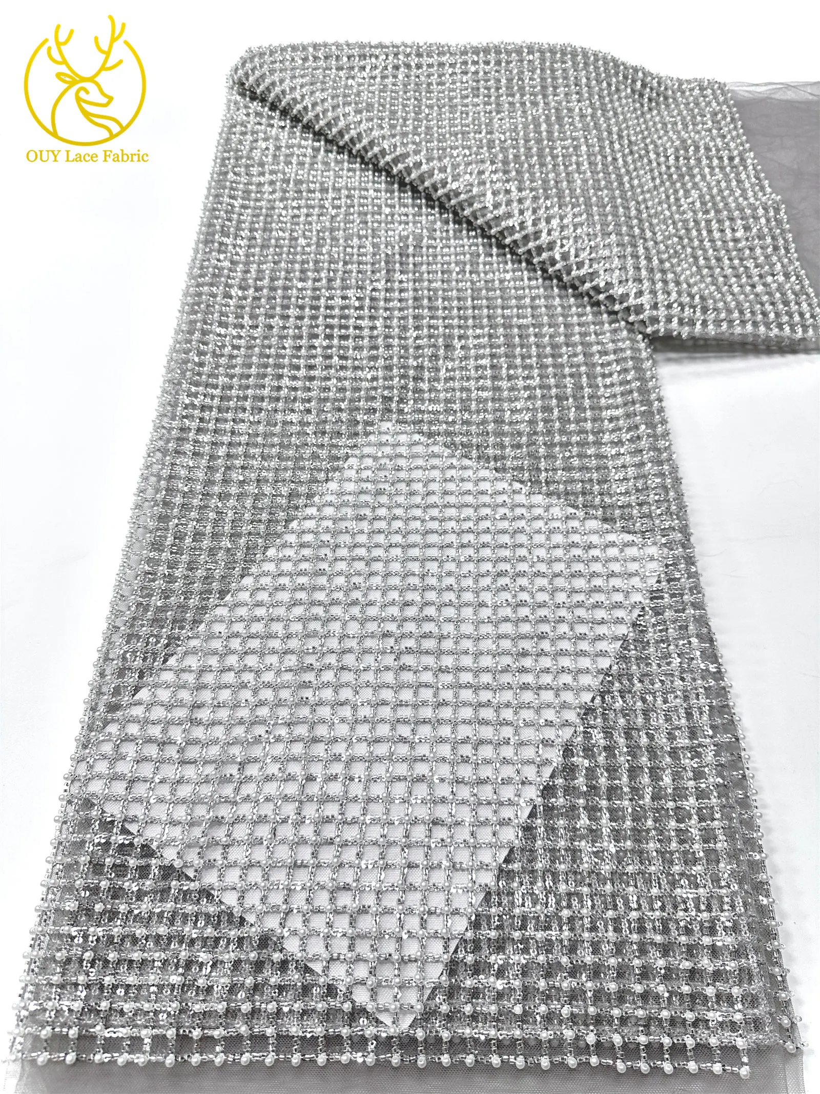 Luxuriöser Partykleid-Spitzenstoff, Tüll-Spitzenstoff mit Perlen, Hochwertiger Pailletten-Netz-Spitzenstoff für Hochzeitskleider, 5 Yards – Detail 16