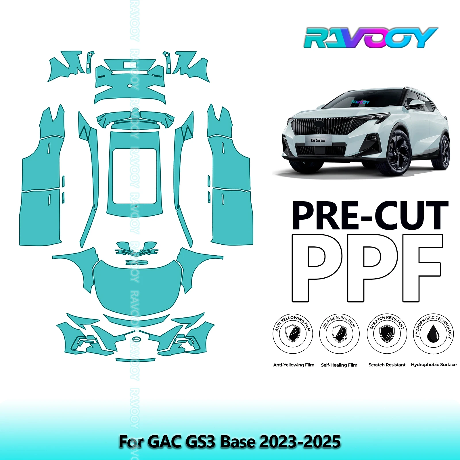 For GAC GS3 Base 2023-2025 Full Body 8.5Mil Pre-Cut Paint Protection Film PPF Clear Bra Kit Clear / Matte / Black Finish Options
