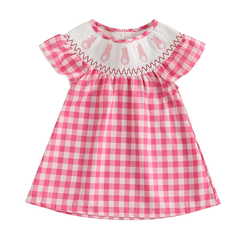 Little Girl Cute Easter Dress Bunny Embroidery Plaid Print Flying Sleeve Crew Neck A-Line Dress