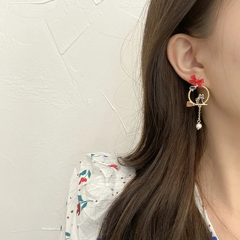 S925 Needle Bow Cartoon Cute Cat Broom Funny Drop Earrings Creative Enamel Asymmetry Witch Black Cat Earrings for Women Girls