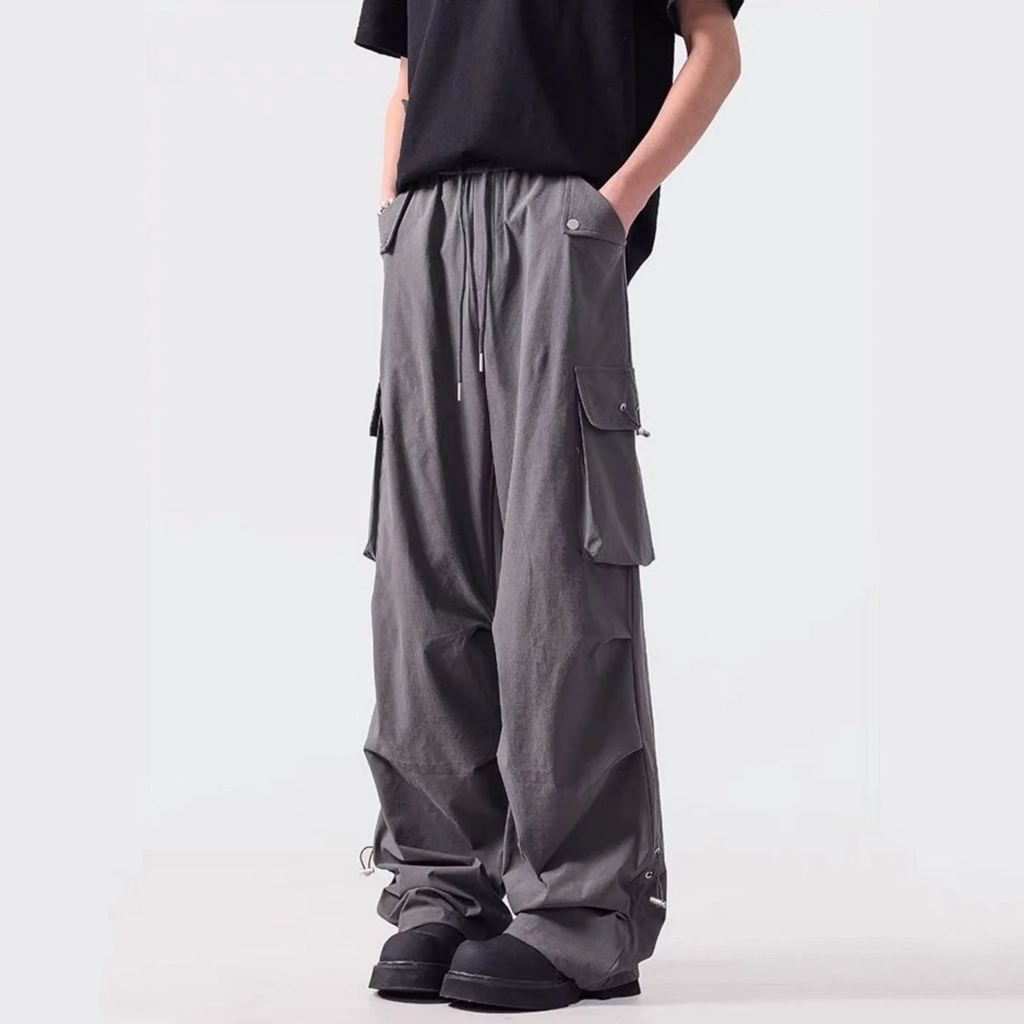 

Мужские быстросохнущие брюки-карго в корейском стиле, новинка лета 2025, парашютные брюки, повседневные спортивные брюки с высокой талией и широкими штанинами