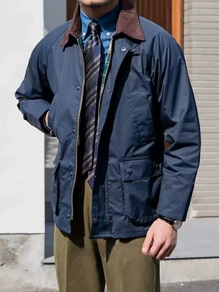 British Style Men's Cotton Workwear Jacket Thicken Cotton Blend Fabric Oil-Free Retro Style Long Sleeve Coat with Pockets
