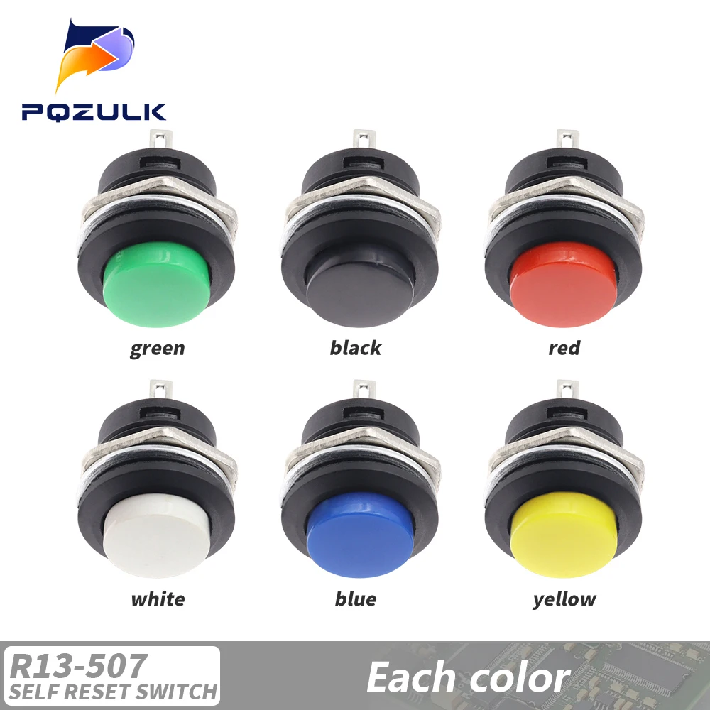 6PCS Momentary Push Button Switch 16mm Momentary 6A/125VAC 3A/250VAC Runde Schalter R13-507 SCHWARZ ROT GRÜN WEIß BLAU GELB