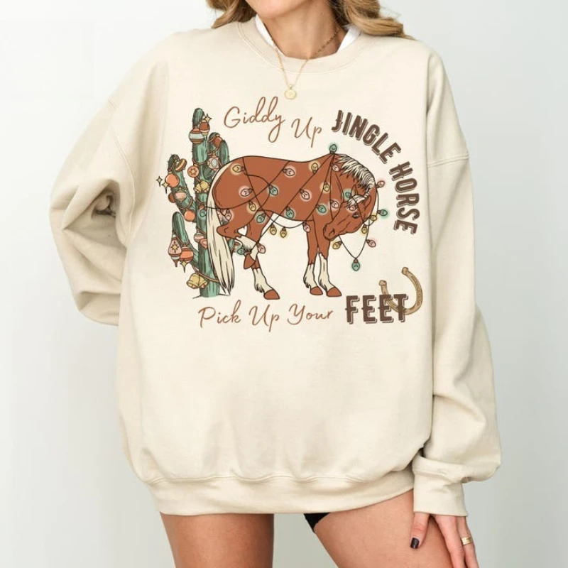 Giddy Up Jingle Horse Noël Western Cowgirl Col rond Vacances de campagne pour fille Cadeau de Noël Sweat-shirt cheval du zodiaque chinois