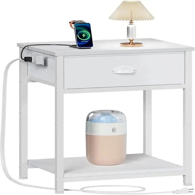 

White Nightstand with Charging Station, Small Bed Side Table Fabric Drawer for Spaces, 2 Tiers Storage Shel