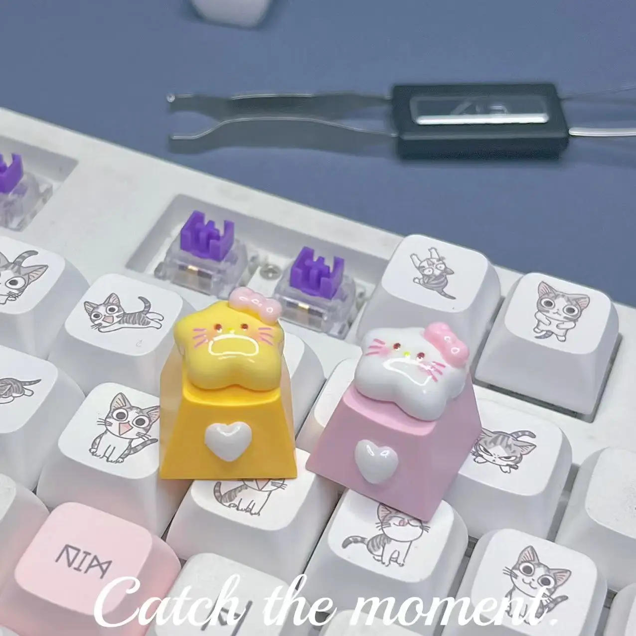 DIY Cute Kitten Keycaps Gift Transparent PBT Sublimation Game Mechanical Keyboard Pink Heart shaped Keycaps