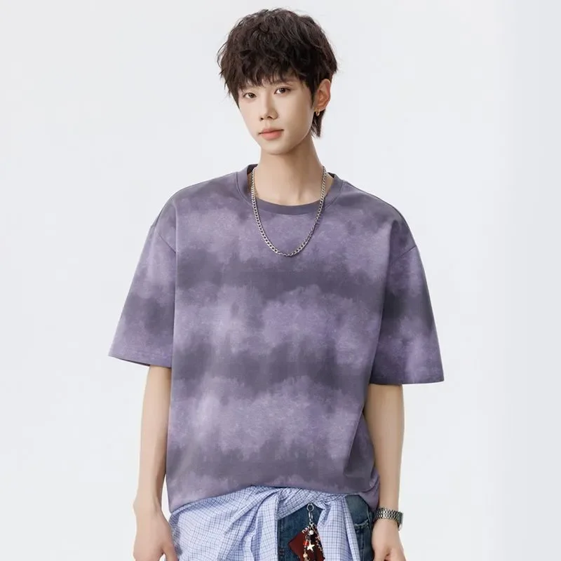 Men Gradient Cloud Print Crew Neck Short Sleeve T-Shirt Loose Trendy Summer Casual Top