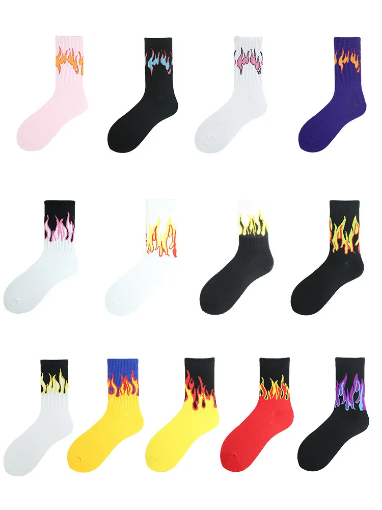 Trend Harajuku style flame mid-tube cotton socks Europe and the United States street hip-hop skateboard sports socks