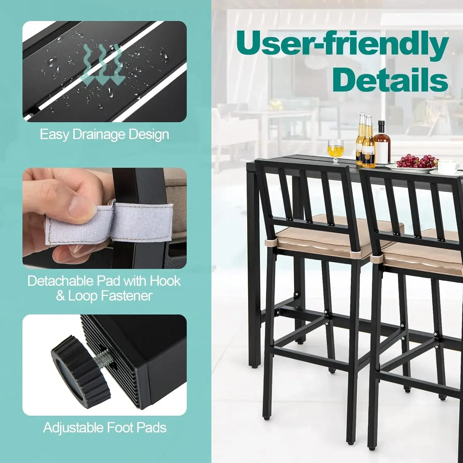 3 Piece Outdoor Patio Bar Set, 55" Rectangular Pub Height High Top Bar Table with 2 Cushioned  Stools, MetalTable