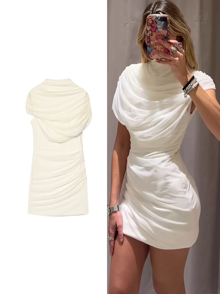 Tfmln elegante sólido emendado mini vestidos para mulheres o pescoço sem mangas em camadas decoração alta rua temperamento vestido fino