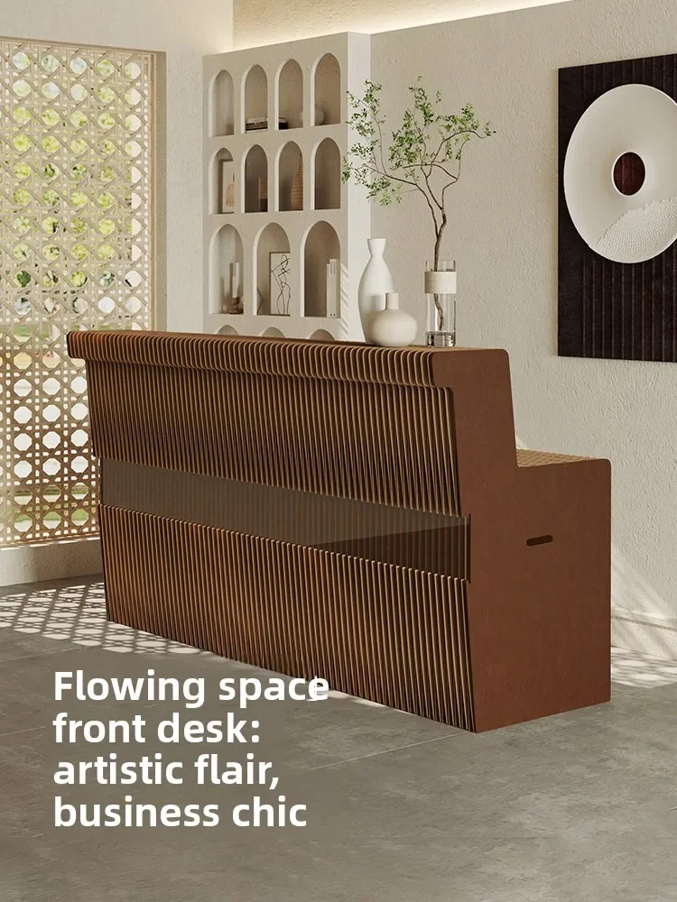 The front desk display rack has a high and low flowing water display table, a rectangular display stand, and a floor