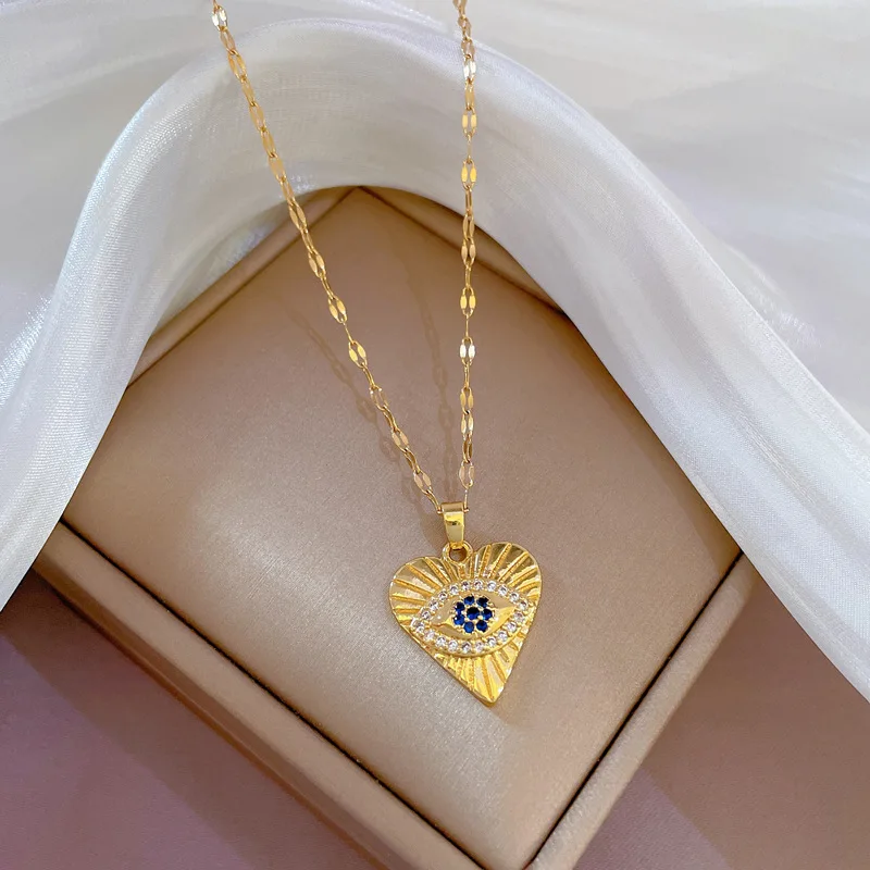 Stainless Steel Heart Evil Eye Gold Color Plated Necklaces for Women Clavicle Rhinestone Eyes Necklace Fashion Jewelry Dropship