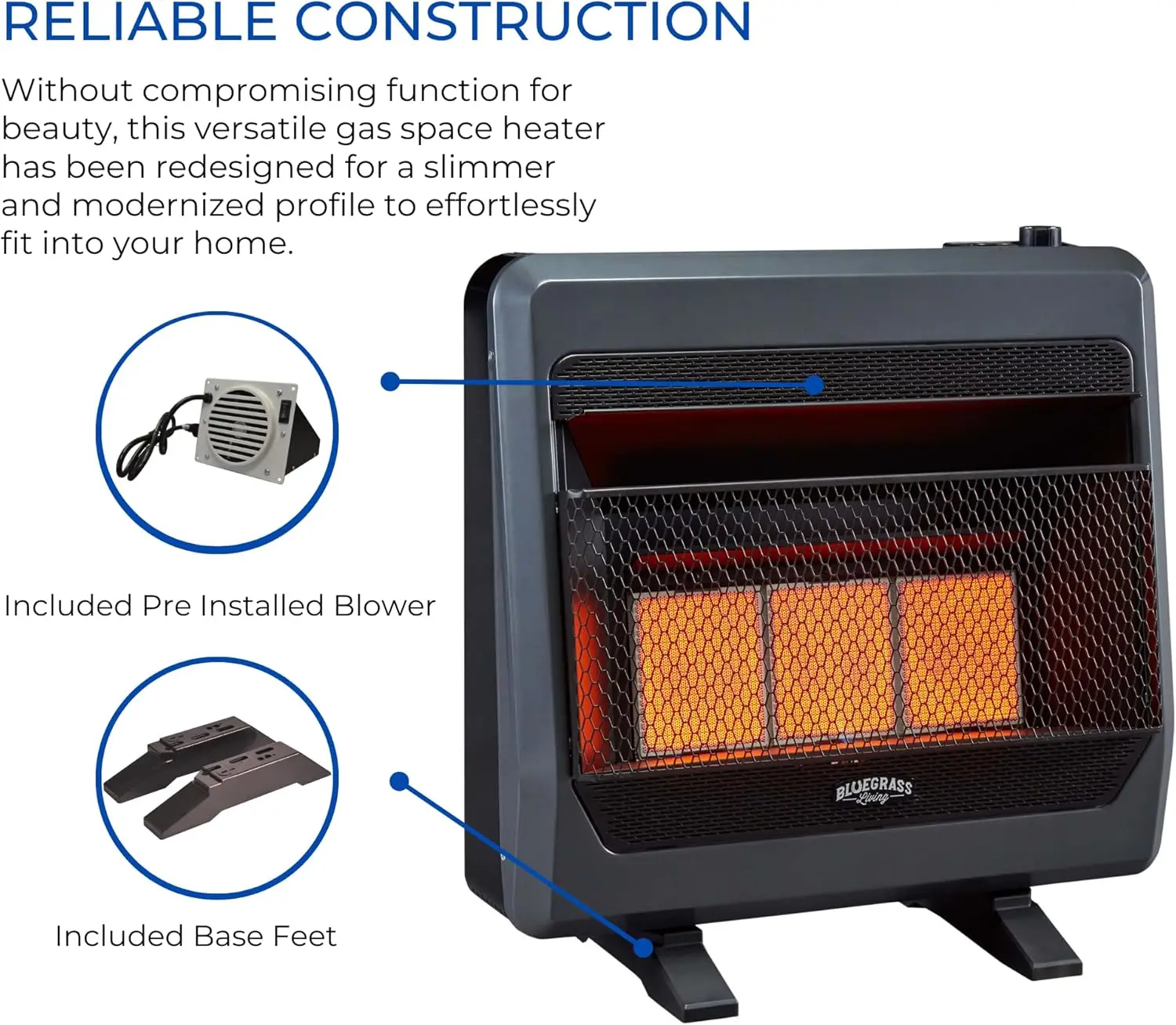 Propane Vent Free Infrared Space Heater With Thermostat Control, Blower, and Base Feet, 2K/3K BTU, Heats Up to 1,450 Square Ft