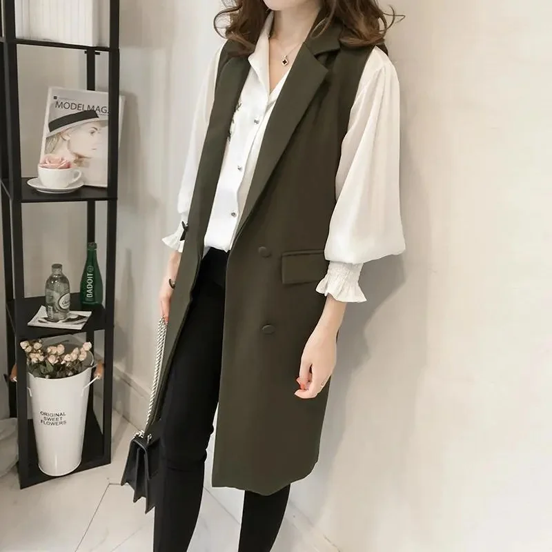 2024 New Casual Blazer Women Vest Office Lady Long Suit Vest Spring Autumn Female Pockets Waistcoat Sleeveless Jackets Coats