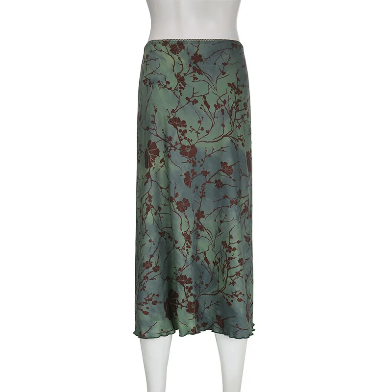 Y2K Vintage Midi-Röcke mit Blumenmuster für Damen, Harajuku Fairycore, grüner gerader Maxirock, ästhetische süße Mädchenkleidung – Detail 9