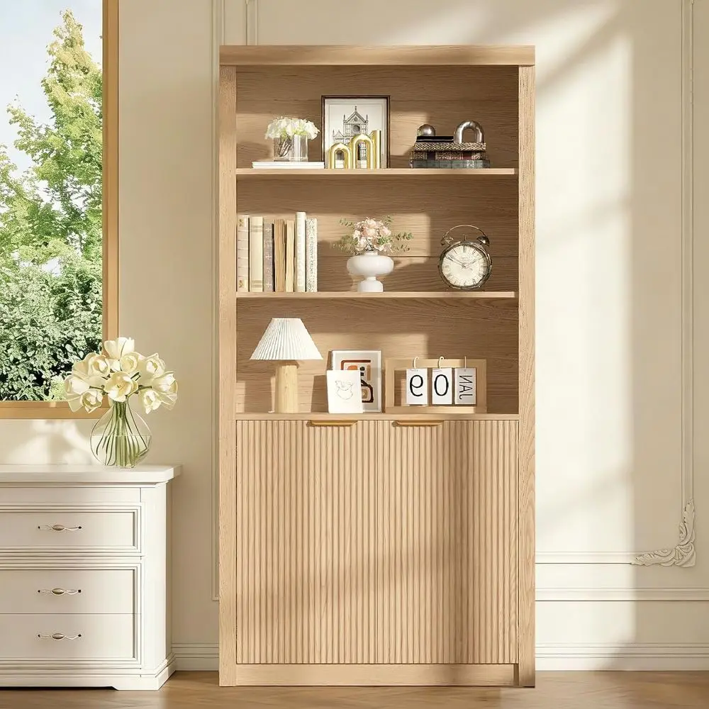 

Large Storage Wooden Bookcase with 5 Adjustable Shelves for Home or Office, Natural Oak Finish