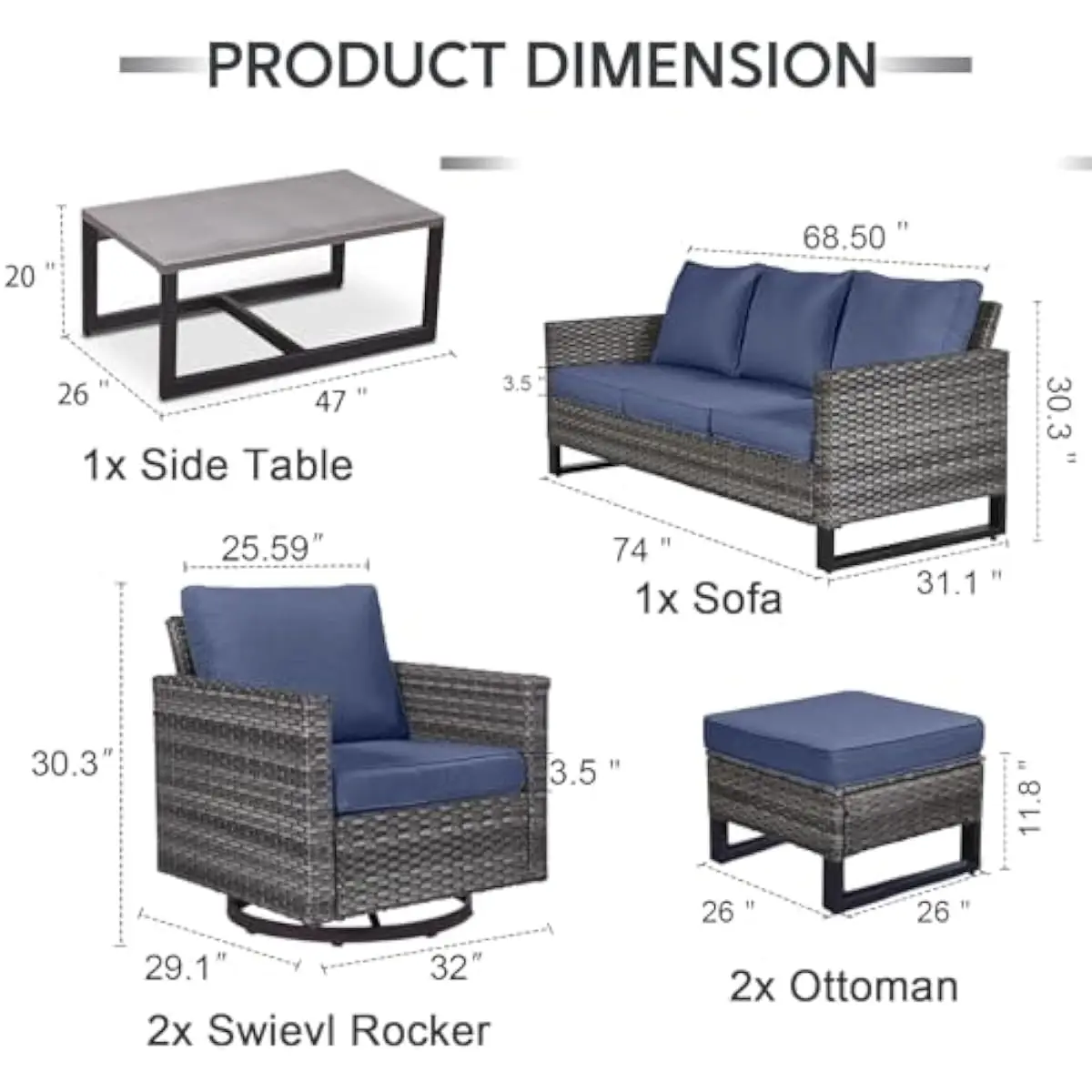 6-Piece Outdoor Wicker Seating Ensemble Featuring Swivel Rocker Chairs Coffee Table Sofa Ottomans Grey Frame Blue Cushions Garde