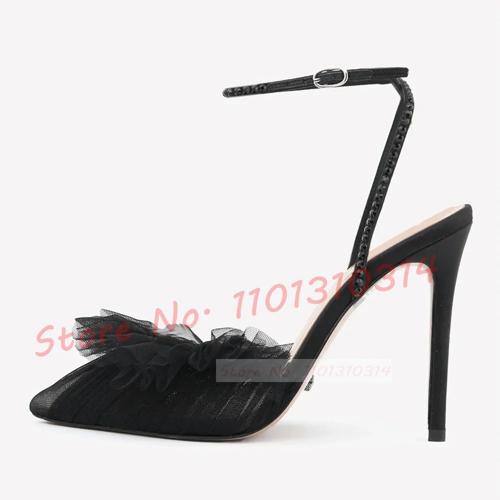 Mesh Ruffles Pointy Heels Sandals Women Elegant Rhinestone Green High Heels Shoes Flowers Summer Party Trends Grade Chic Sandals