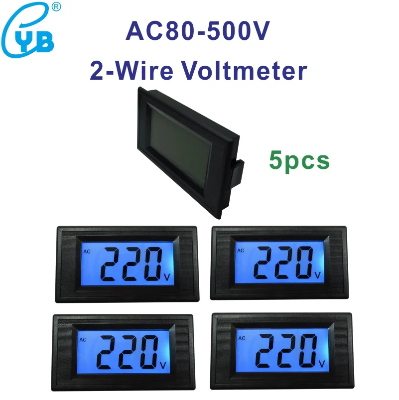 5PCS -2 LCD Digital Voltmeter AC 80-500V Voltage Meter Volt Measuring Instrument 2-Wire Blue Backlit 110V 220V Monitor Voltmetre