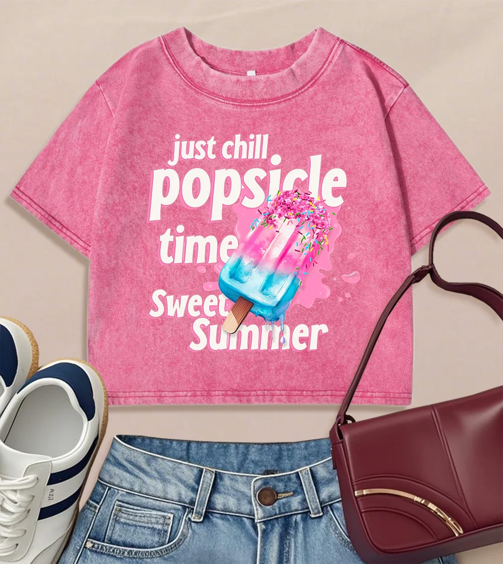 

Just Chill Popsicle Time Sweet Summer Print Women Washed Slim T-Shirt Casual Soft Top Trendy Summer T Shirts Y2K Cotton Clothes