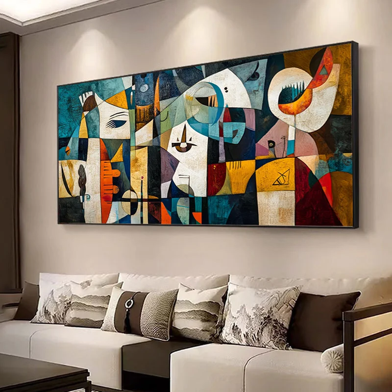 Abstract Frameless Modern Abstract Colorful Bohemian Geometric Patchwork Wall Art Featuring A Human Face Retro Canvas Poster
