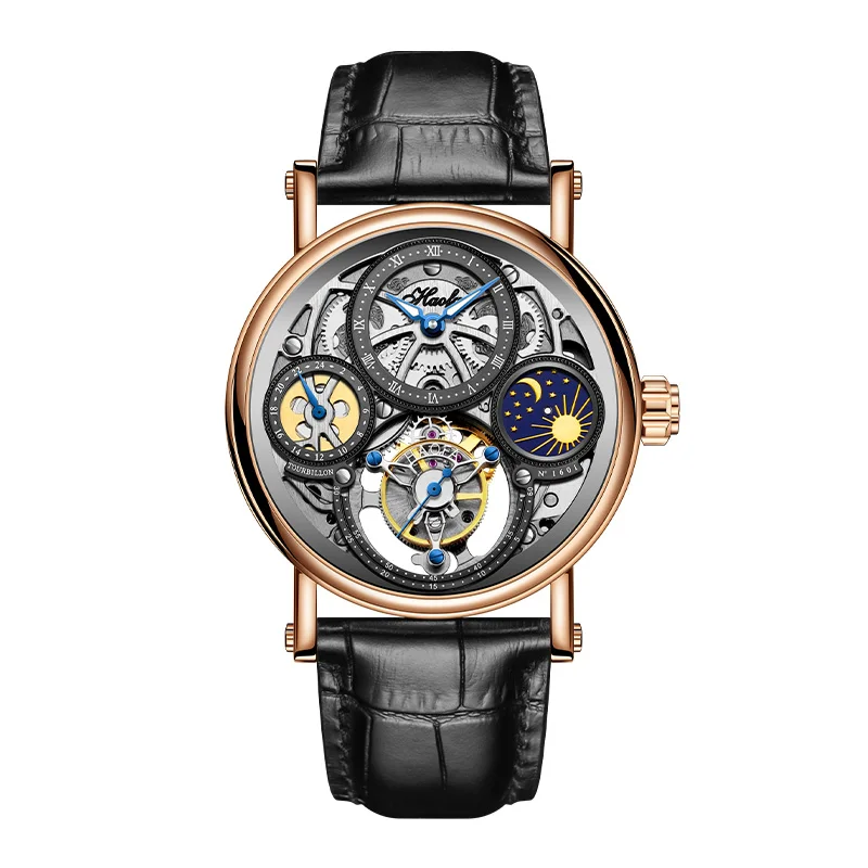 Haofa Skeleton Tourbillon Watch Man Mechanical Hollow Luminous Day and Night Painted Arabic Numerals Carve Luxury Leather 1601