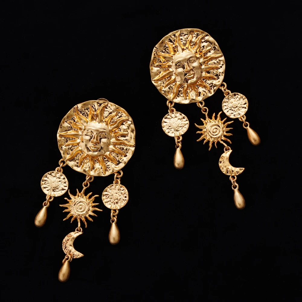 Vintage Brass Sun And Moon Drop Tassel Hoop Earrings Creative Star Gold Color Long Earrings Women's Trendy Jewelry