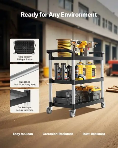 Heavy Duty Utility Cart 500 lbs Capacity 3-tier Service Cart with Wheels