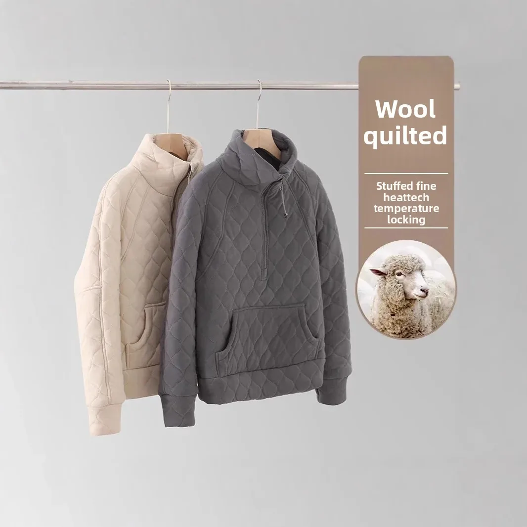 سترة نسائية من القطن الصوفي السميك من LULU بطبقات مزدوجة وسحاب وقلنسوة شتوية دافئة بياقة واقفة وأكمام كاملة