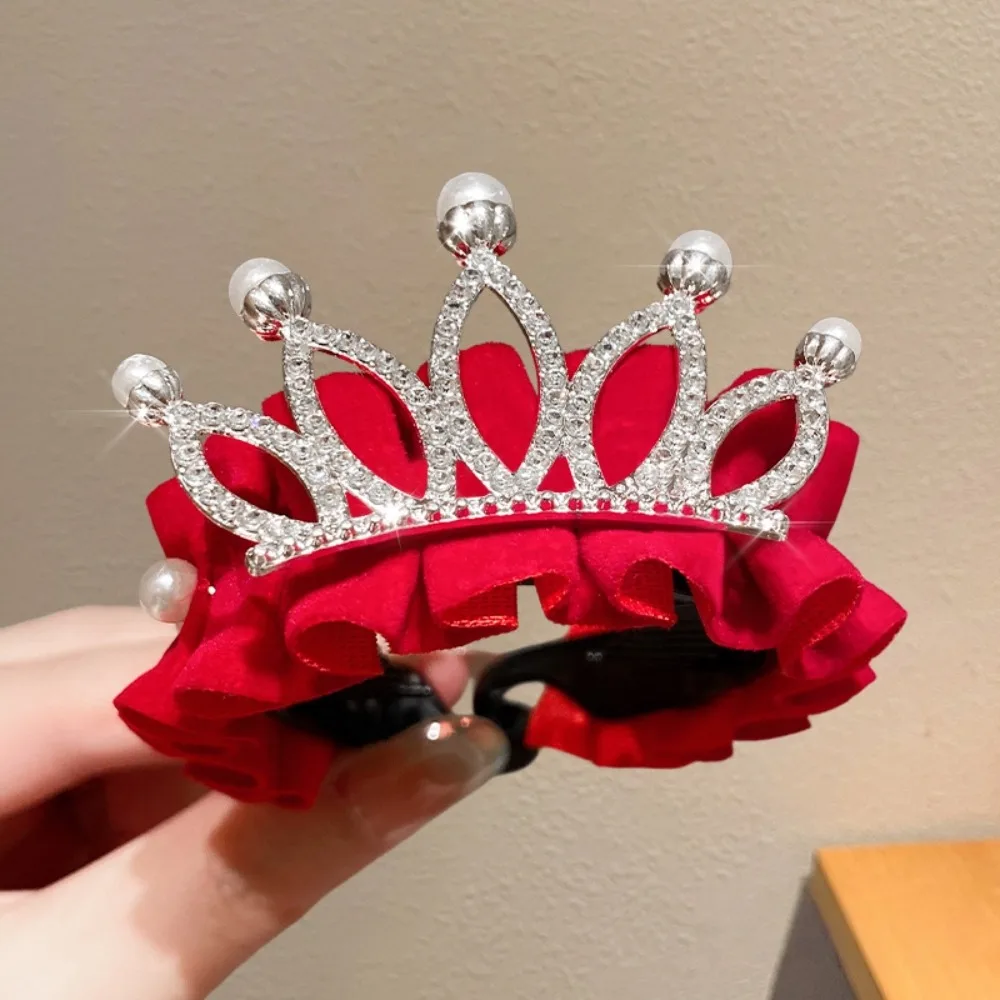 

High Ponytail Fixed Artifact Children's New Year Crown Rhinestone Pearl Chinese Kids Hair Claw Crystal for Princess Dress