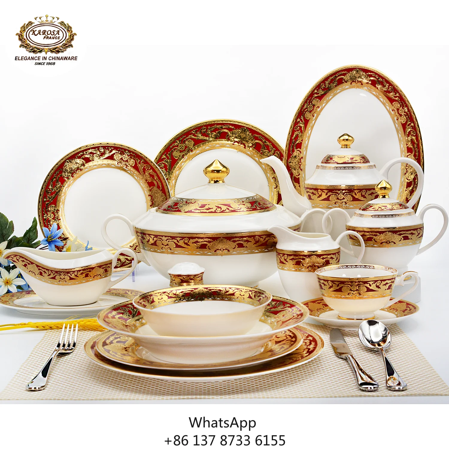 

98pcs Custom Logo Pattern Ceramic Dinnerware Luxury Classical Design Bone China Dinner Set With Tea Set
