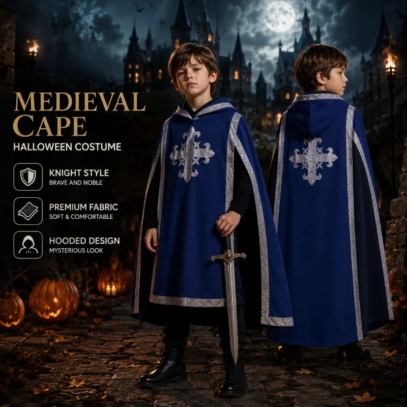 Kids Medieval Knight Costume Tabard Cape Crusader Tunic Halloween Cosplay Outfit Boys Girls Renaissance Role Play Party Costume