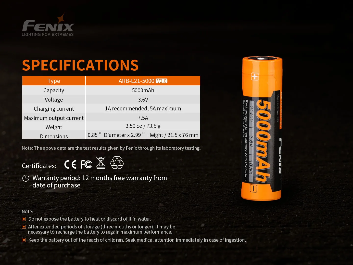 Oryginalny Fenix ARB-L21-5000 V2.0 5000mAh 21700 akumulator litowo-jonowy do BC26R,TK16 V2.0,TK20 V2.0,PD36R,PD36 TAC,PD40R...