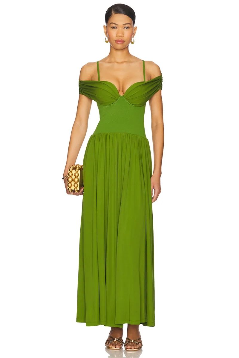 

Легкое роскошное бандажное платье в стиле Хепберн с квадратным воротником, плиссированное вечернее платье, зеленая юбка трапециевидной формы с высокой талией, новый дизайн на складе