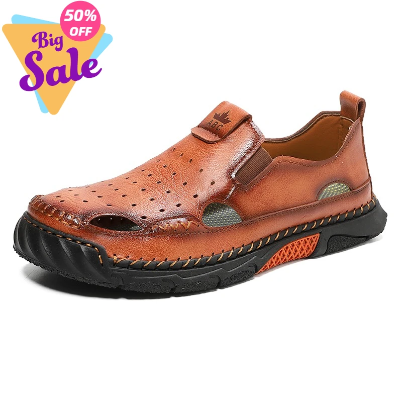 

Мужские сандалии из натуральной кожи, летние мужские тапочки, удобные модные сандалии без застежек, мужские сандалии Baotou, повседневные уличные сандалии для треккинга