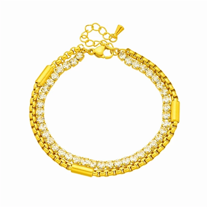 

316L Stainless Steel White Sparkling Zircon 2in1 Chains Bracelet For Women Fashion Girls Wrist Jewelry Gifts Pulsera