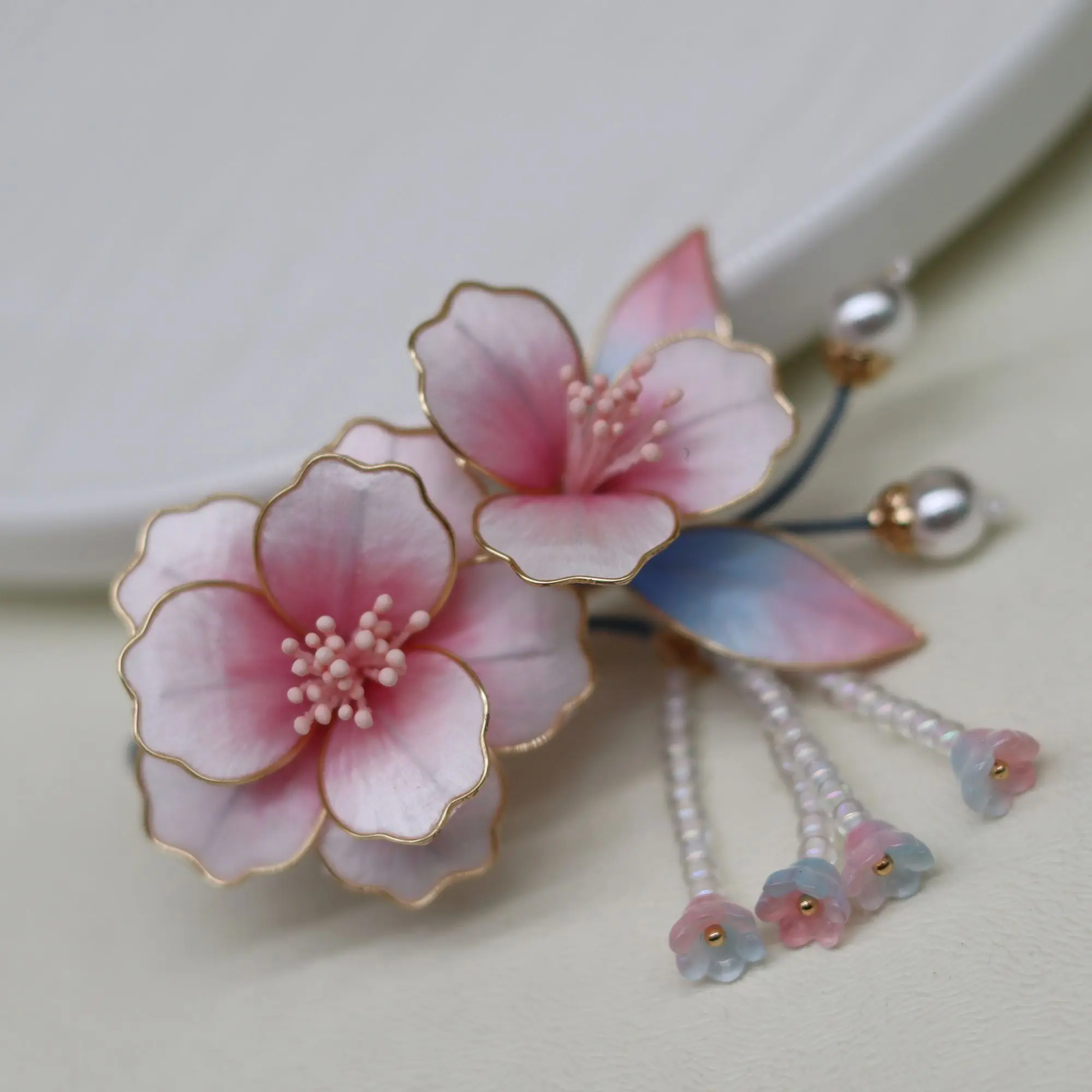 Oriental Aesthetic Pink Silk Velvet Flower Hair Clip, Filigree Small Tassel Hanfu Accessory