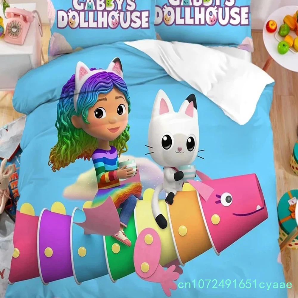 Gabby's Dollhouse Bedding Set,Kawaii Gabby's Dollhouse Duvet Cover Bed Linen Set Single Double Size,Bedclothes Quilt Cover