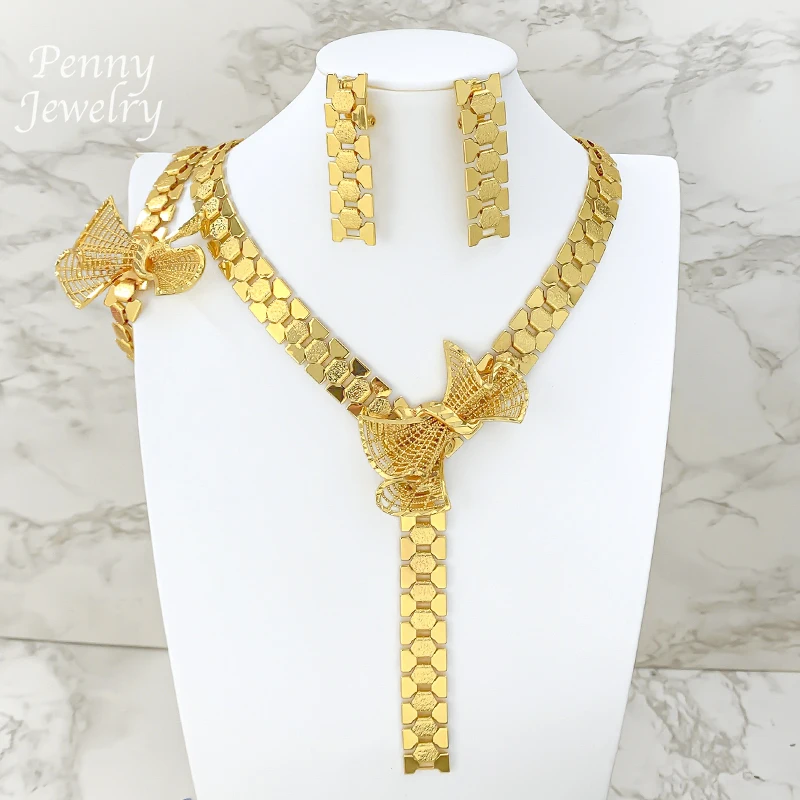 

Классический дубайский ювелирный набор: позолоченное 18-каратным золотом ожерелье, серьги, браслет. Роскошный комплект модных украшений для вечеринок, свадеб и подарков.